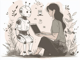 Young Woman Interacting with Robot in Tranquil Nature Setting