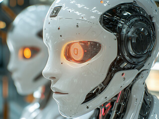 Close-Up of Futuristic Robots with Illuminated Lenses