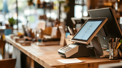 Close-up of a modern point-of-sale system with a touchscreen and card reader, set on a wooden counter in a cozy and stylish cafe environment.