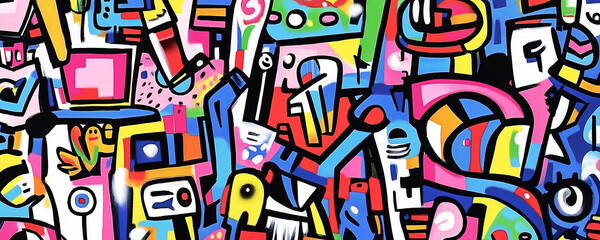 vibrant and colorful cartoon-style graffiti wall filled with doodles of cute characters, creating an energetic atmosphere. The background is a lively mix of bright colors.