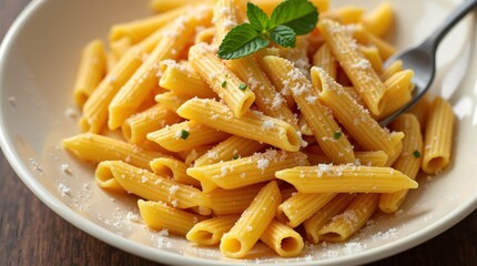 Penne pasta topped with a generous sprinkle of Parmesan cheese, served warm and ready to enjoy.