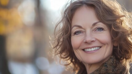 Obraz premium joyful portrait of a mature model with a warm smile and bright eyes, set against a softly blurred background that enhances the feeling of happiness and contentment