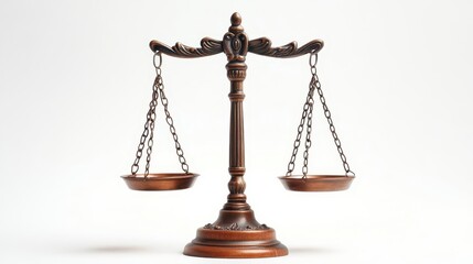 judicial scales set against a pristine white background, symbolizing balance and justice, with intricate details highlighting the craftsmanship of the scales