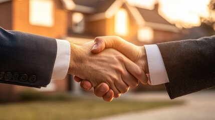 Two professionals shaking hands in a friendly agreement, warm sunset background.