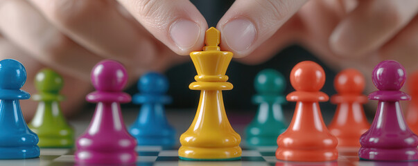 Close up of hands adjusting colorful chess pieces on board