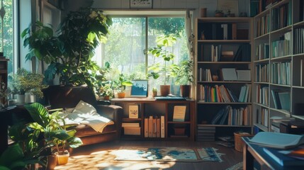 Fototapeta premium An ideal learning environment, filled with natural light, plants, and study materials.