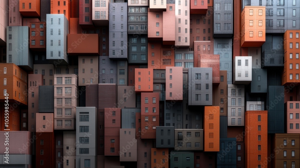 Aufkleber a visually striking abstract representation of an array of colorful, stacked building facades, conve
