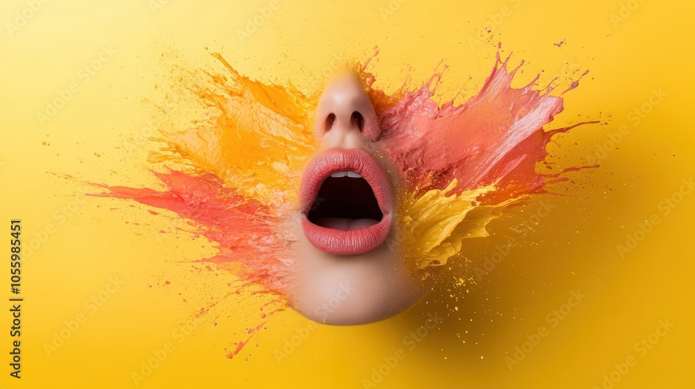 Poster a woman's face emerging from a vivid explosion of red and yellow paint splashes, creating a dynamic 