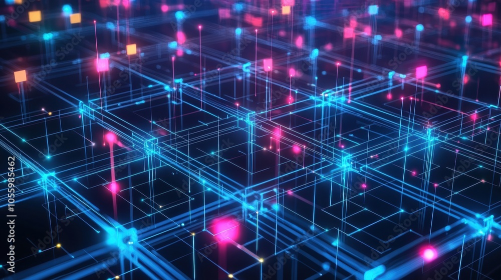 Poster a computer generated image of a grid of blue and pink squares
