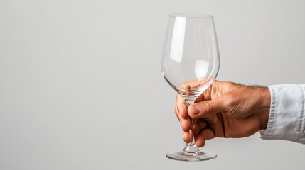 A hand gently holds an empty wine glass against a simple, neutral backdrop, signifying anticipation, elegance, and the promise of a future wine indulgence.