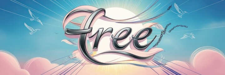 word Free against a radiant sky with beams of light emanating from a glowing sun. Promotion website banner