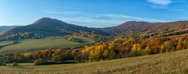 Picturesque autumn panorama of the Beskid Niski mountains
