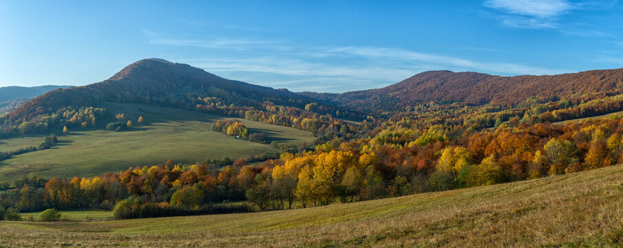 Picturesque autumn panorama of the Beskid Niski mountains