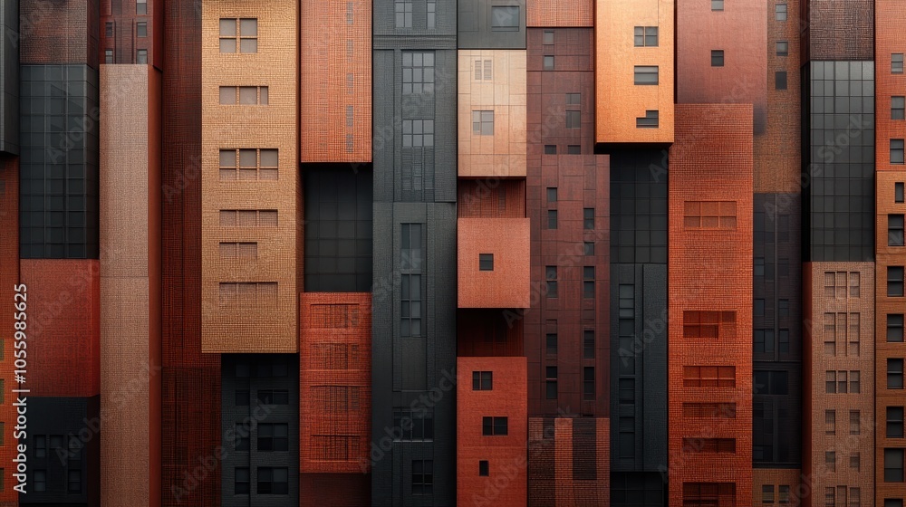 Poster an array of modern, layered building structures, featuring a rich palette of colors and textures, co