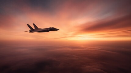 A sleek fighter jet soaring through the clouds with a breathtaking sunset backdrop, showcasing a sense of freedom, adventure, and cutting-edge aviation technology.