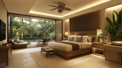 Spacious bedroom in modern tropical style with neutral tones, wooden furniture, and potted plants by the bedside.