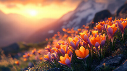 Wiosenne krokusy na górskiej polanie, o wschodzie słońca, piękna tapeta generative ai 