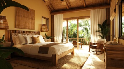 Spacious bedroom in modern tropical style with neutral tones, wooden furniture, and potted plants by the bedside.
