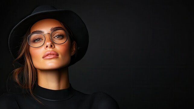 A fashionable woman wearing glasses and a stylish hat gazes intently, embodying modern style and sophistication against a minimalist dark background.