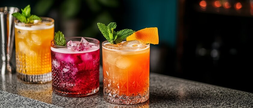 Colorful cocktails garnished with mint and citrus served on a bar top in a vibrant atmosphere.