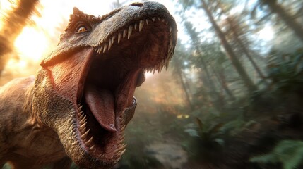 An imposing dinosaur emits a mighty roar amidst a dense, verdant forest, capturing the raw power and primitive essence of a prehistoric world dominated by nature.