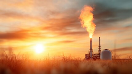 Obraz premium A factory with towering smokestacks emits flames against a vibrant sunset, surrounded by a field of grasses, symbolizing industrial impact on nature.
