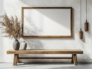 Old rustic bench with vases and wooden blank frame mockup 
