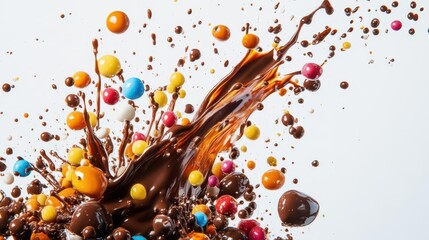 liquid chocolate and colorful bonbons bursting in a vivid explosion, splashing in the air against a pristine white background, capturing the indulgence and excitement of sweet treats