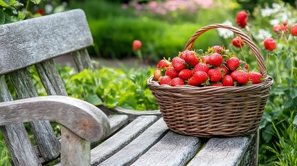 A basket of freshly picked strawberries sitting on a wooden bench in a garden