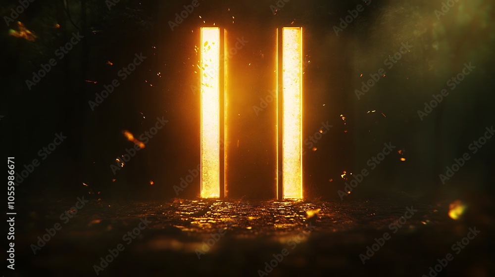 Poster mystical forest with light beams filtering through trees