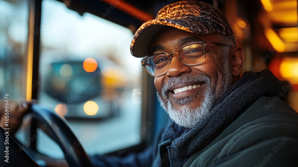 Poster a warm image of a bus driver checking mirrors with a smile, sunlight illuminating the interior, fost