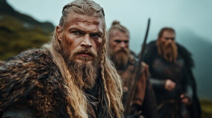 Fototapeta premium A determined Viking warrior with fierce expression dominates the foreground, his companions ready for battle, set against a misty, dramatic landscape backdrop.
