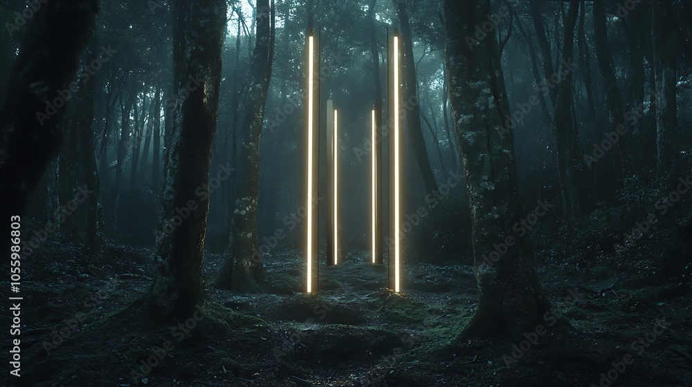 Poster mystical forest with light beams filtering through trees