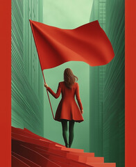 3D Vector Illustration of a woman in a business suit holding a flag, leading people up the stairs to success, corporate leader