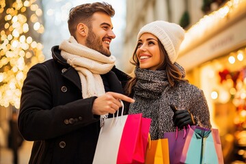 A happy couple shopping during Christmas, holding colorful bags.SHOTLISTseason concept.