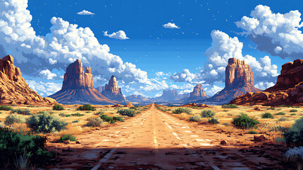 A long, straight road stretches into the distance, passing through a desert landscape dotted with red rock formations and patches of green brush. The sky is bright blue with puffy white clouds.