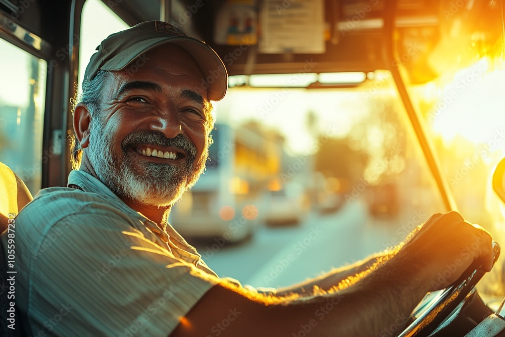 Poster a warm image of a bus driver checking mirrors with a smile, sunlight illuminating the interior, fost