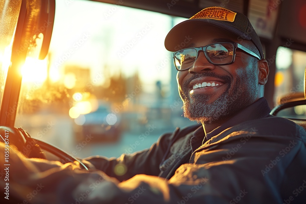 Poster a warm image of a bus driver checking mirrors with a smile, sunlight illuminating the interior, fost
