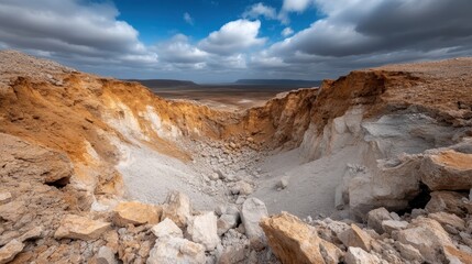 Fototapeta premium A dramatic crater landscape reveals rugged formations, showcasing the raw power of natural forces in an arid environment beneath a vast, cloudy sky.