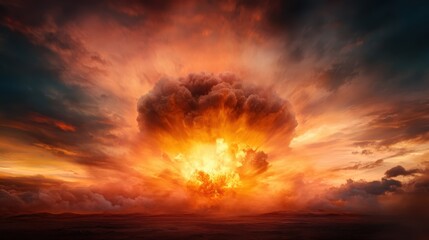 Fototapeta premium A massive explosion fills the sky with a fiery orange and red mushroom cloud, spreading across the horizon and casting a dramatic light over the landscape.