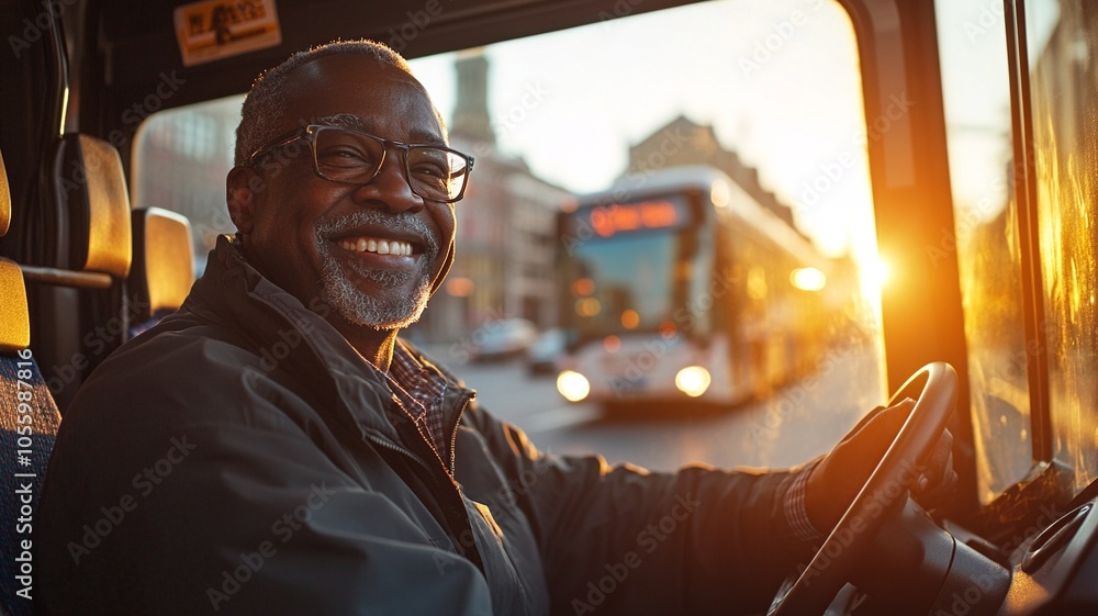Poster a warm image of a bus driver checking mirrors with a smile, sunlight illuminating the interior, fost