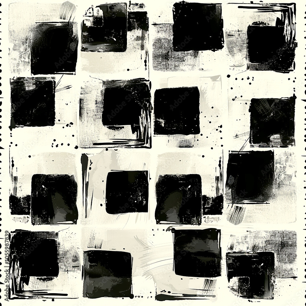 Poster artistic black and white square patterns on canvas create a modern abstract display