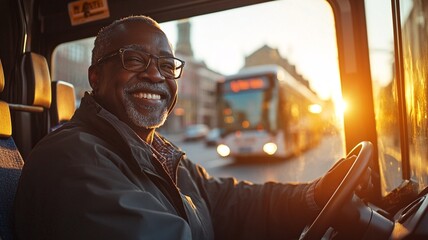 A warm image of a bus driver checking mirrors with a smile, sunlight illuminating the interior, fostering a friendly atmosphere for passengers.

