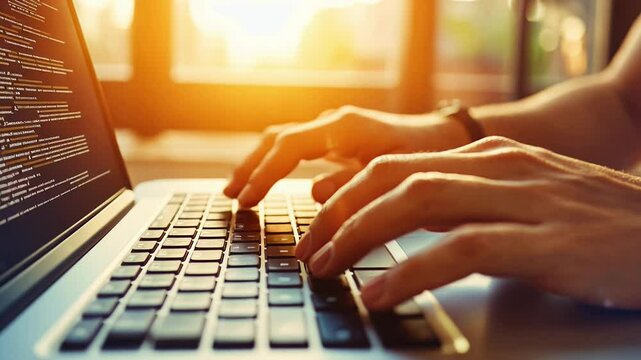 A Person is Coding on a Laptop as Sunlight Filters Through a Window in a Cozy Indoor Workspace During the Late Afternoon