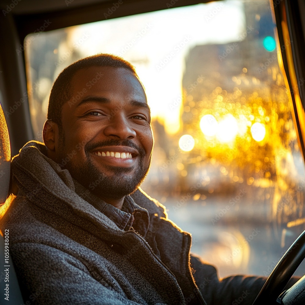 Poster a warm image of a bus driver checking mirrors with a smile, sunlight illuminating the interior, fost