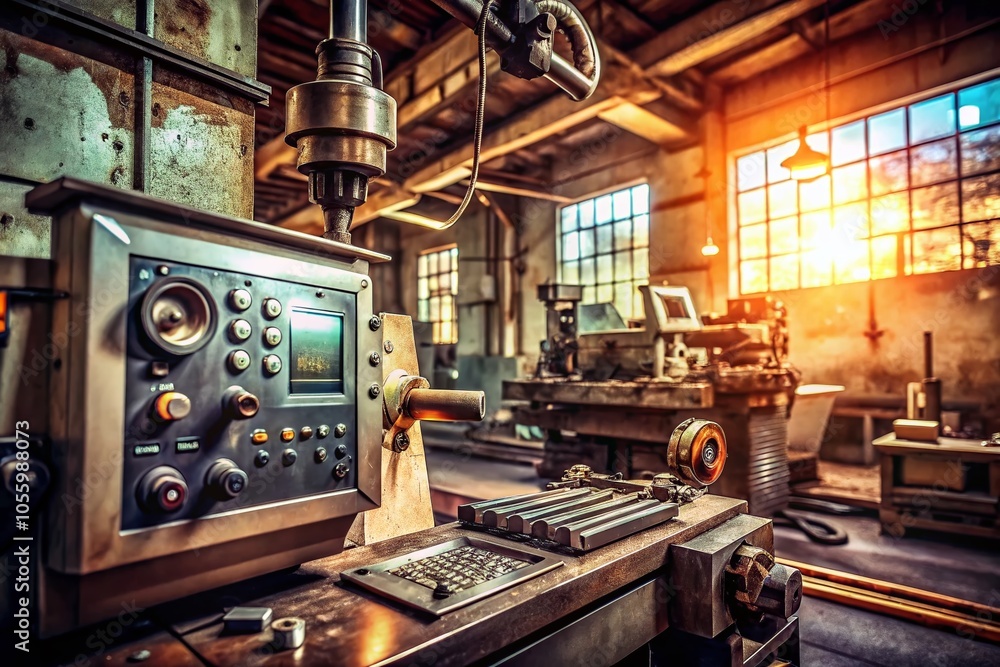 Poster vintage cnc machine with real-time monitoring system for precision manufacturing