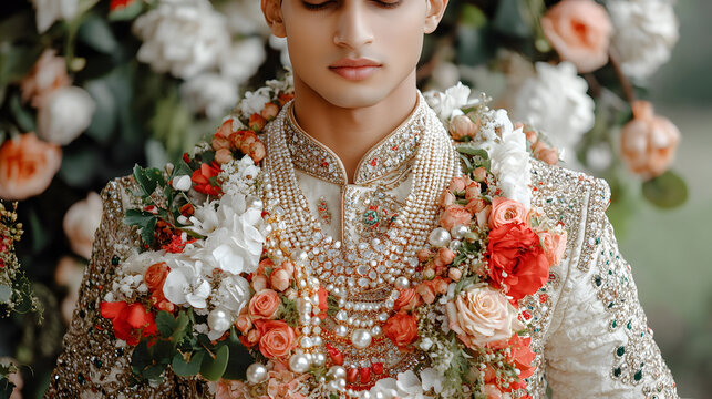 groom adorned in floral and pearl embellished Sehra, exuding elegance and grace