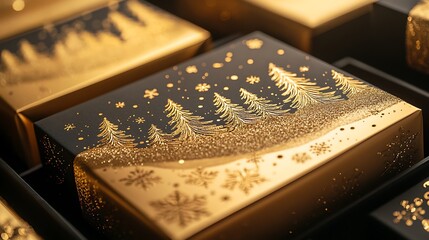 Holiday packaging with textured paper and metallic holiday designs creating an elegant seasonal appearance