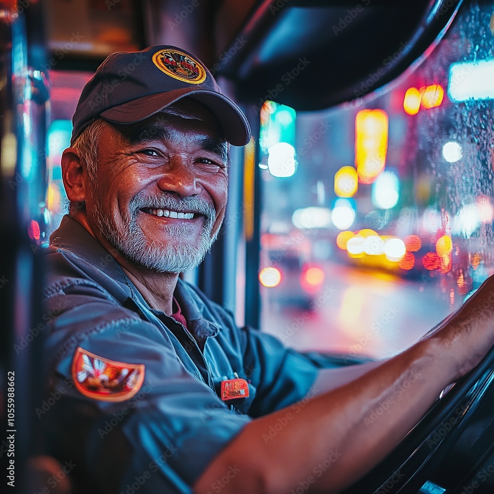 Poster a warm image of a bus driver checking mirrors with a smile, sunlight illuminating the interior, fost