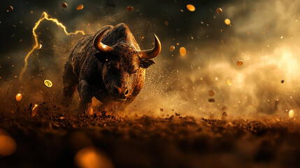 Charging bull symbolizing strength and power amidst flying coins